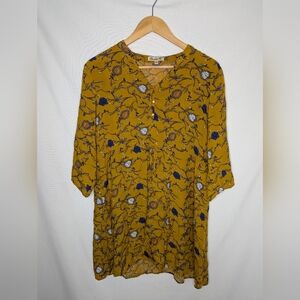 Chances R Mustard Yellow Blue Floral Print Button Half Sleeve Tunic Shirt Size L